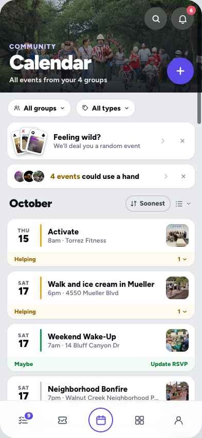 Calendar screen: upcoming events across four groups, with Feeling wild? and 4 events could use a hand