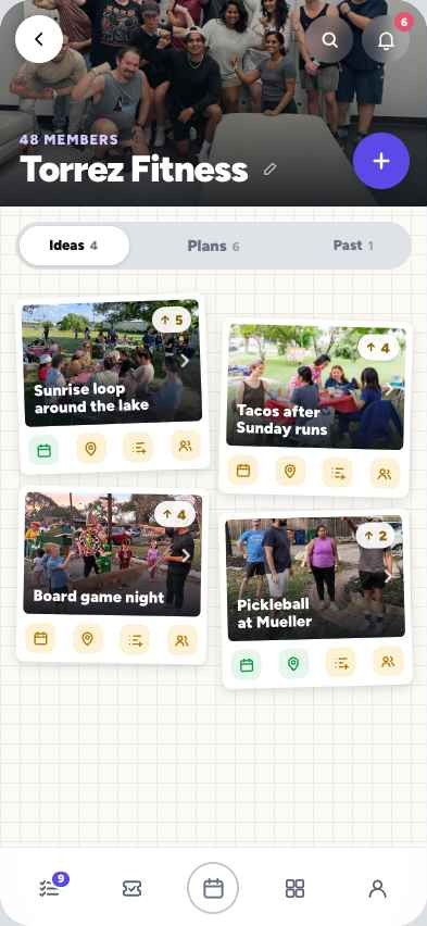 A group's Ideas board with tilted idea cards