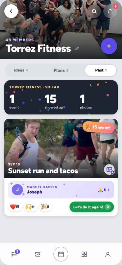 A group's Past tab: a so-far recap, a photo from Sunset run and tacos, reactions and Let's do it again
