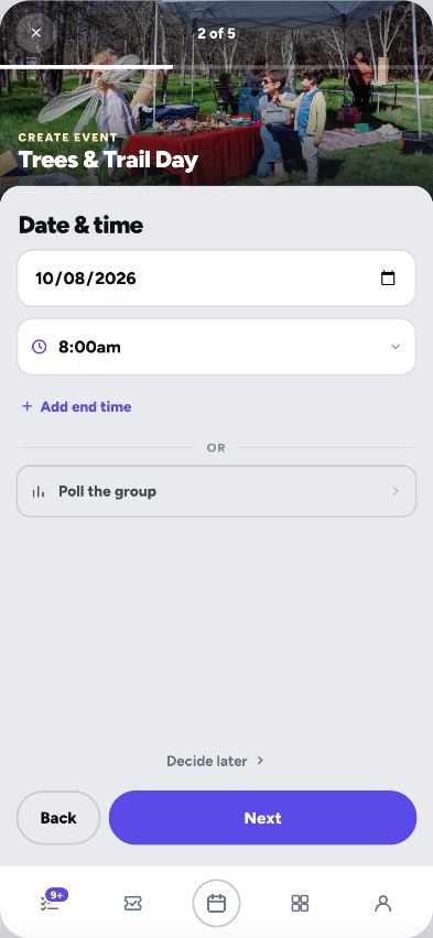 Create event, step 2 of 5: Date & time for Trees & Trail Day, with Poll the group and Decide later