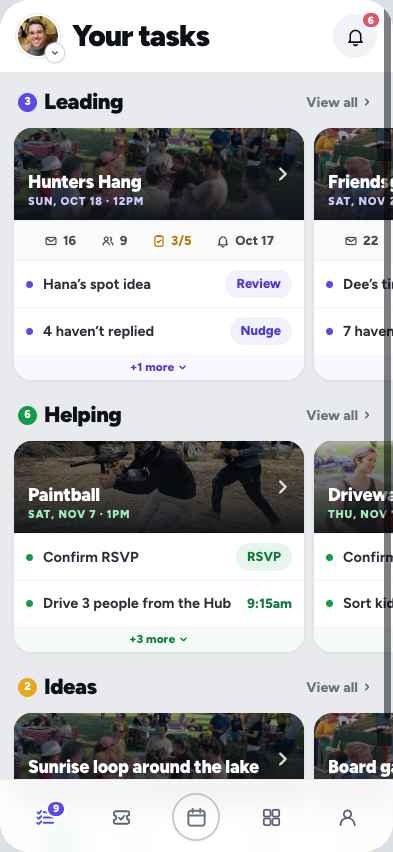 Your tasks screen: events you're leading and helping with